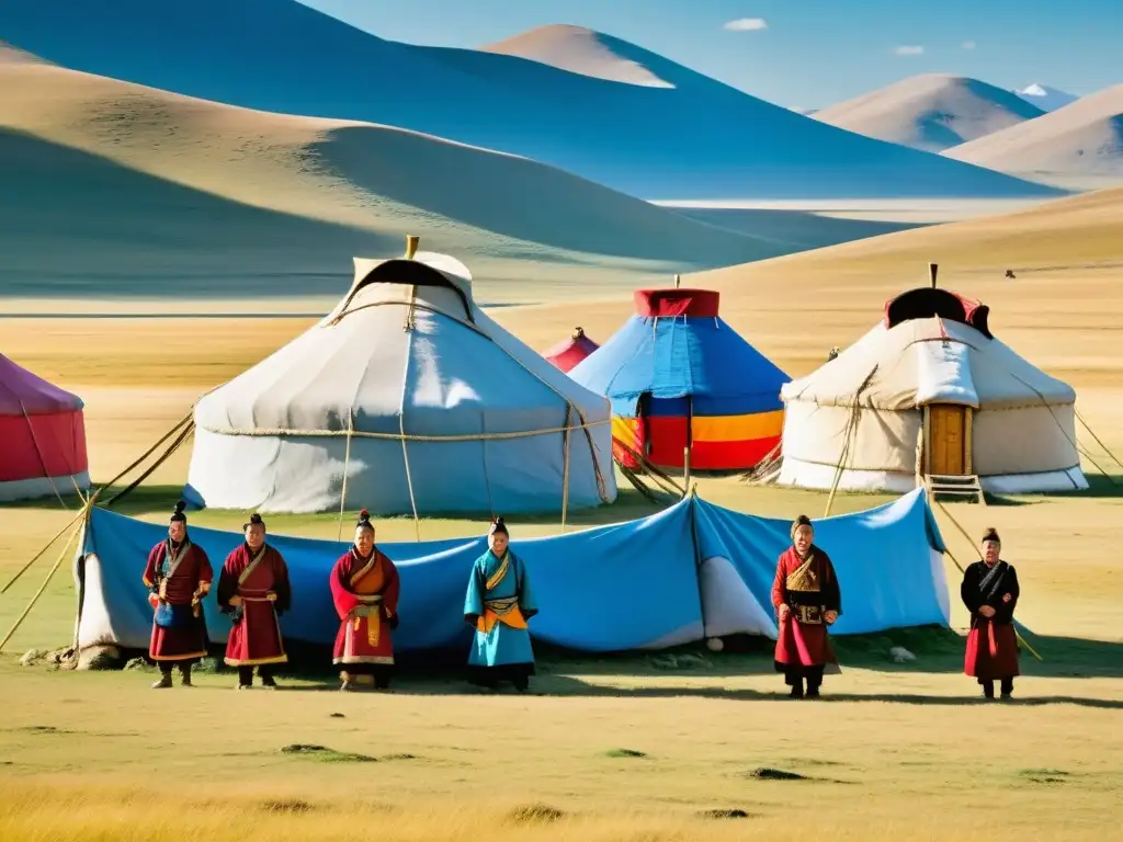 Grupo de nómadas mongoles vistiendo atuendos tradicionales, realizando actividades diarias en la estepa