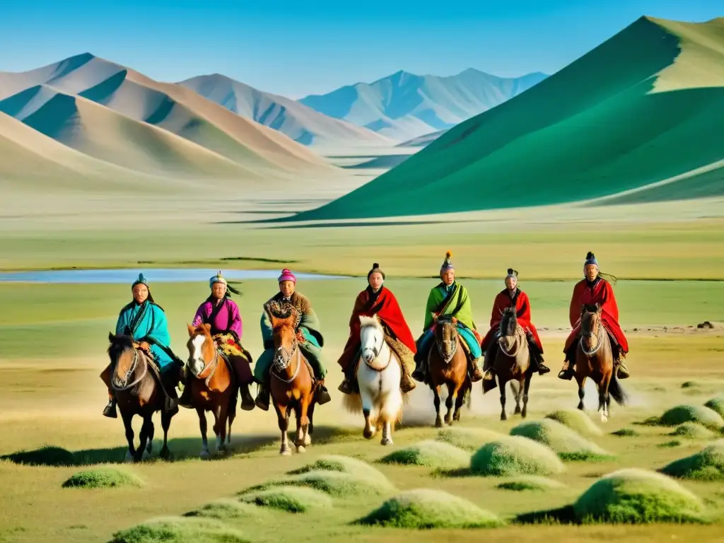 Un grupo de nómadas mongoles a caballo atraviesa las vastas estepas del paisaje mongol, con vestimenta nómada del Imperio Mongol