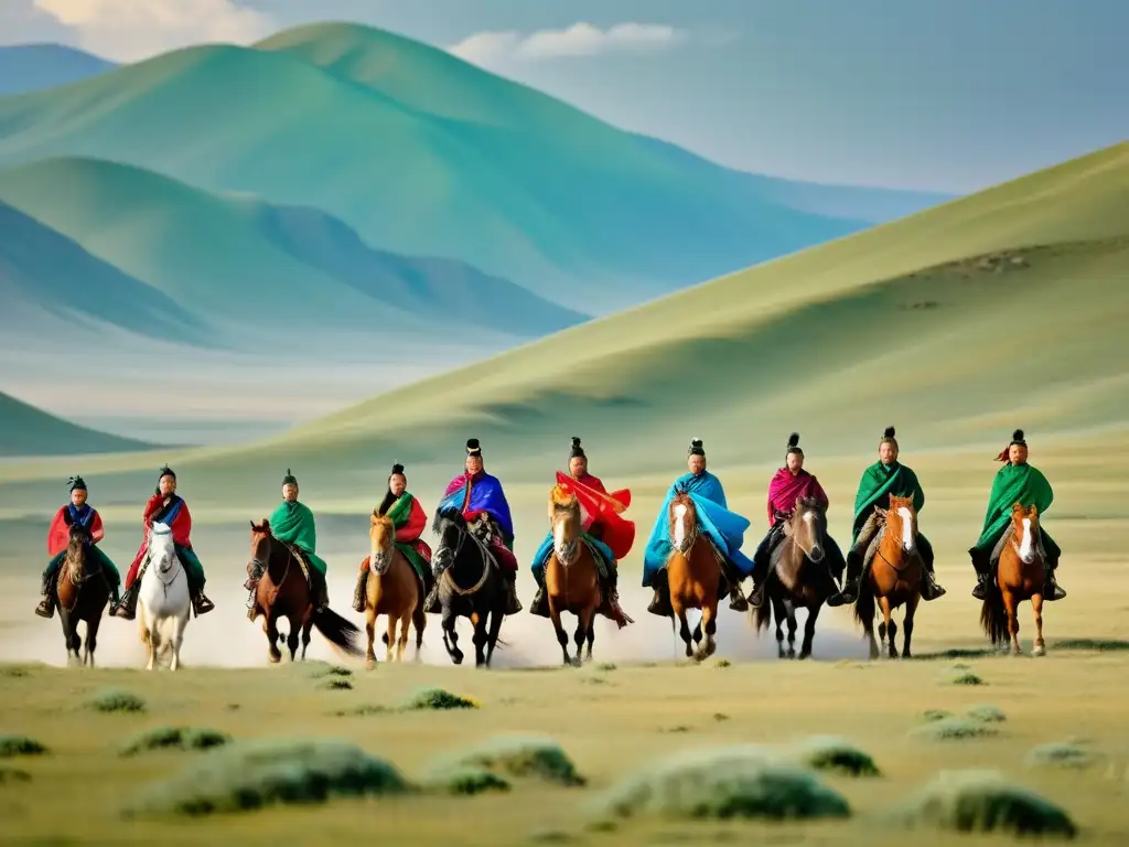 Grupo de nómadas mongoles a caballo en la estepa, con vestimenta nómada Imperio Mongol, rodeados de caballos y aves majestuosas