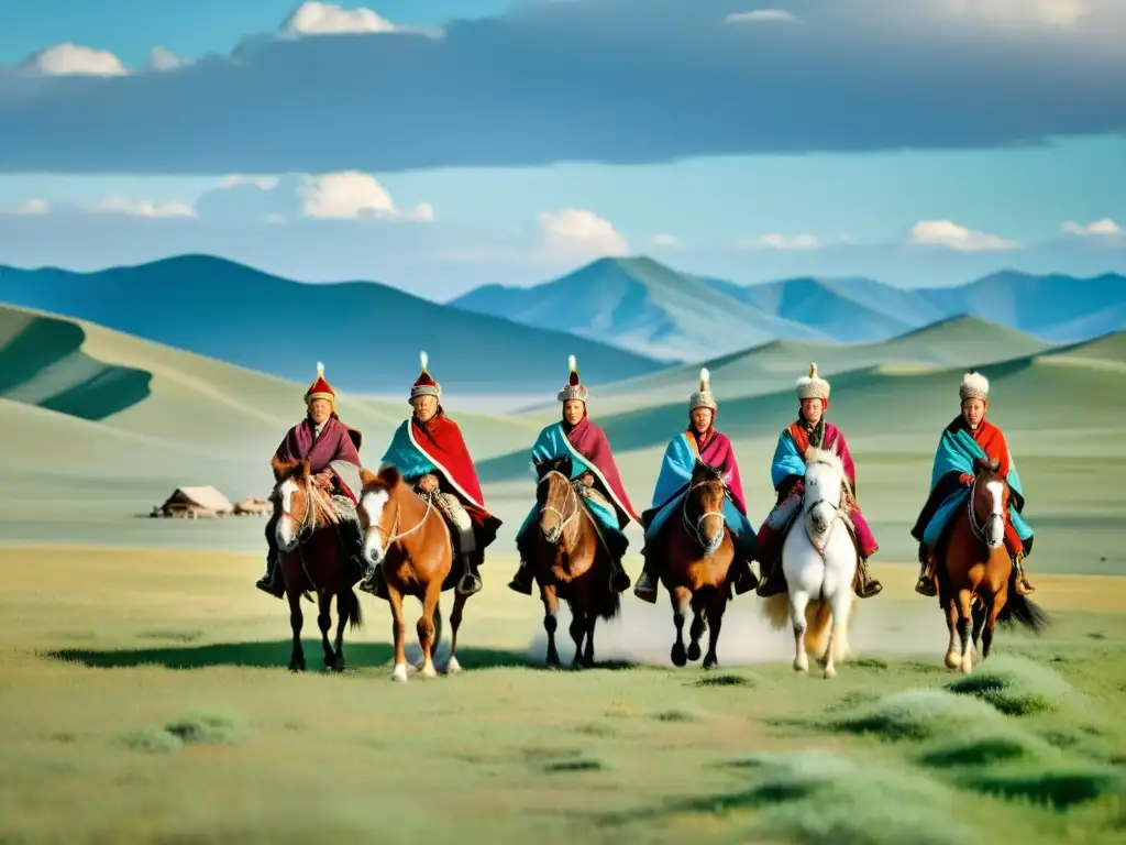 Un grupo de nómadas mongoles cabalgando a caballo por la vasta estepa, vistiendo ropas tradicionales, sombreros y monturas coloridas