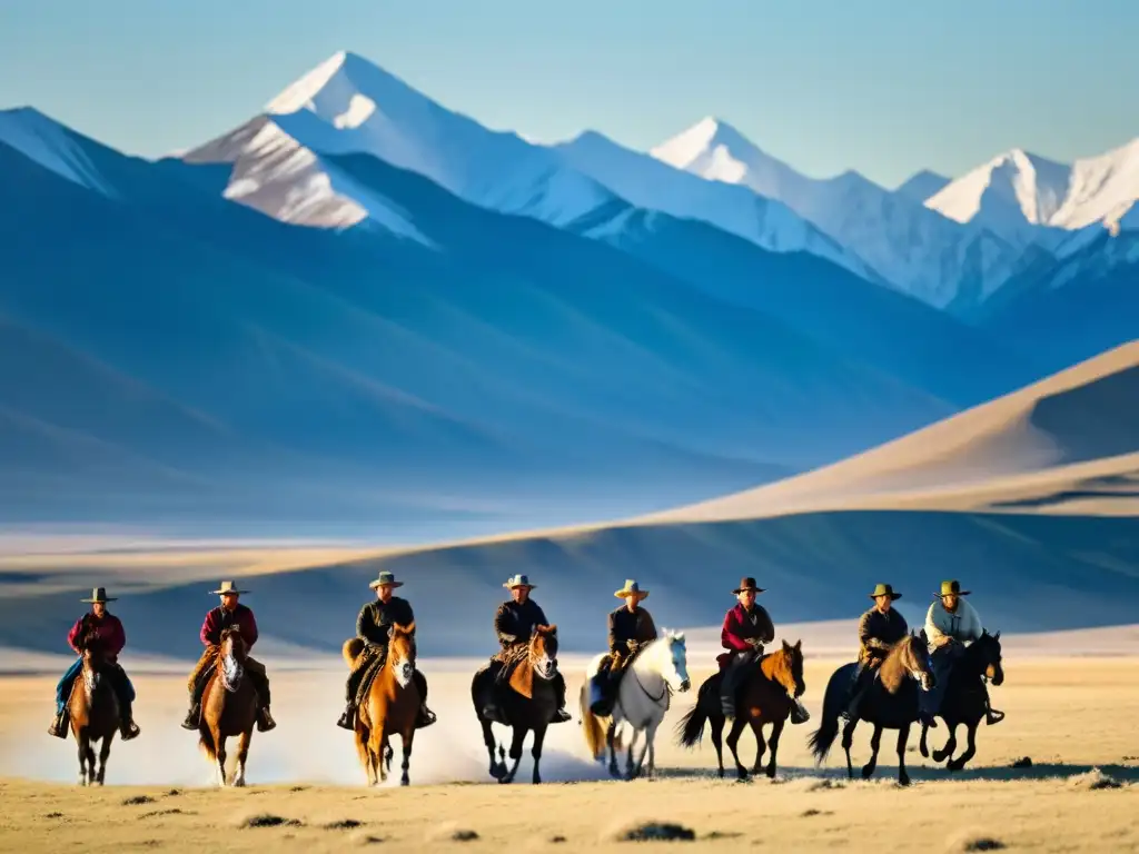 Un grupo de nómadas mongoles a caballo en la estepa, con los Montes Altai nevados al fondo