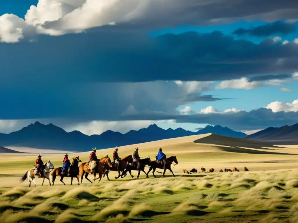 Grupo de nómadas mongoles a caballo con águilas de caza, bajo cielos dramáticos