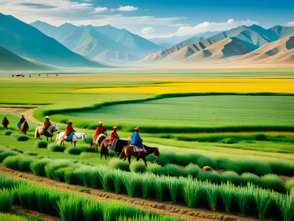 Un grupo de nómadas mongoles cuidando un campo vibrante con las vastas praderas y montañas al fondo