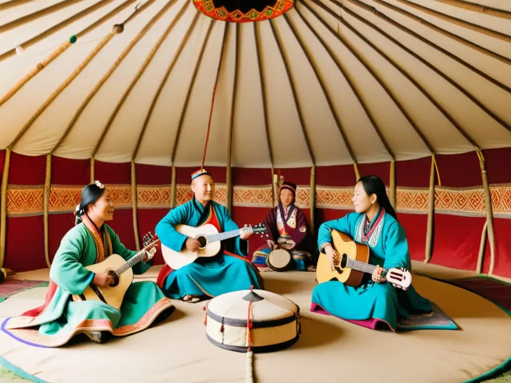 Grupo de nómadas mongoles practicando canto de garganta y música tradicional en una yurta, inmersos en la cultura y belleza de la estepa mongola