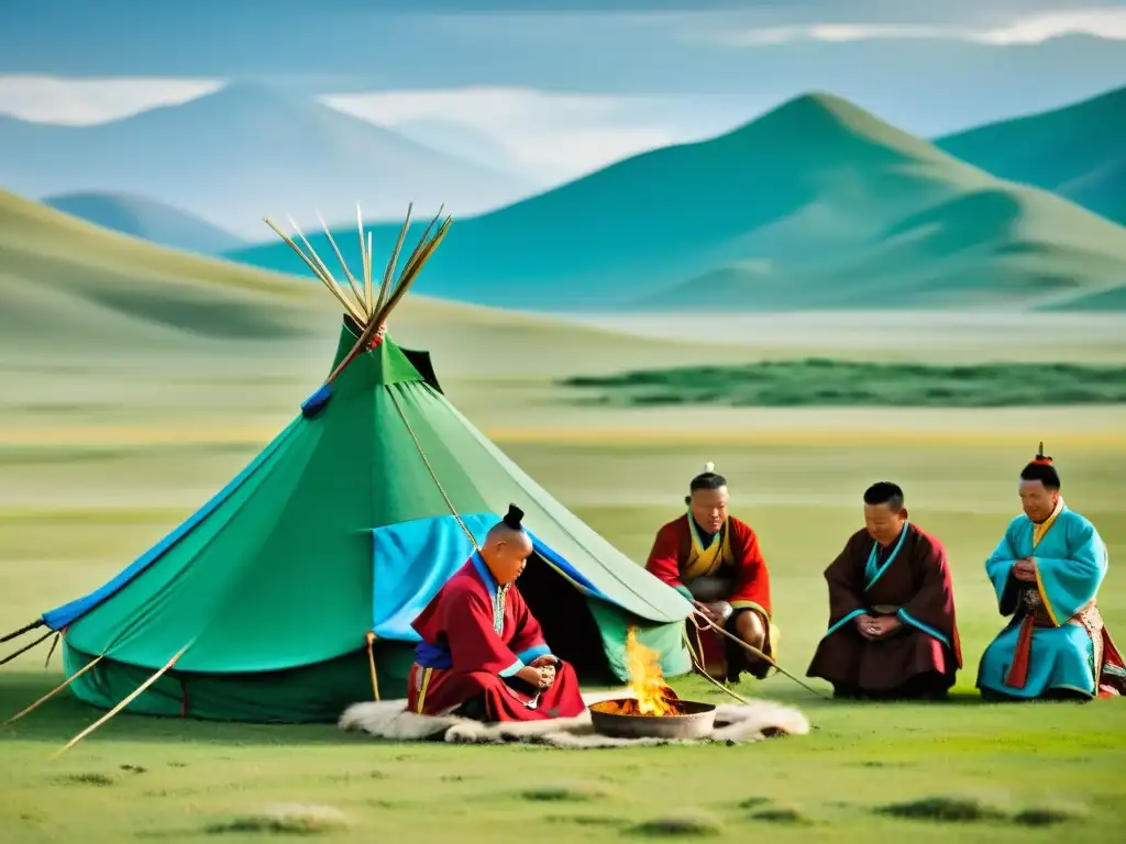 Grupo de nómadas mongoles en ceremonia espiritual, conectados con la naturaleza en las vastas praderas