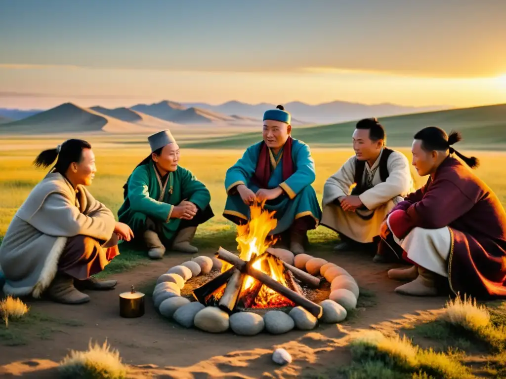 Grupo de nómadas mongoles en la estepa, rodeados de hierbas secas, preparando medicina tradicional nómada mongola alrededor de una fogata al atardecer