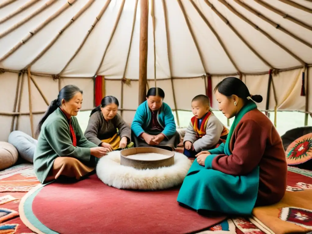 Un grupo de nómadas mongoles fabricando fieltro en una yurta, mostrando el proceso tradicional de fabricación de fieltro mongol