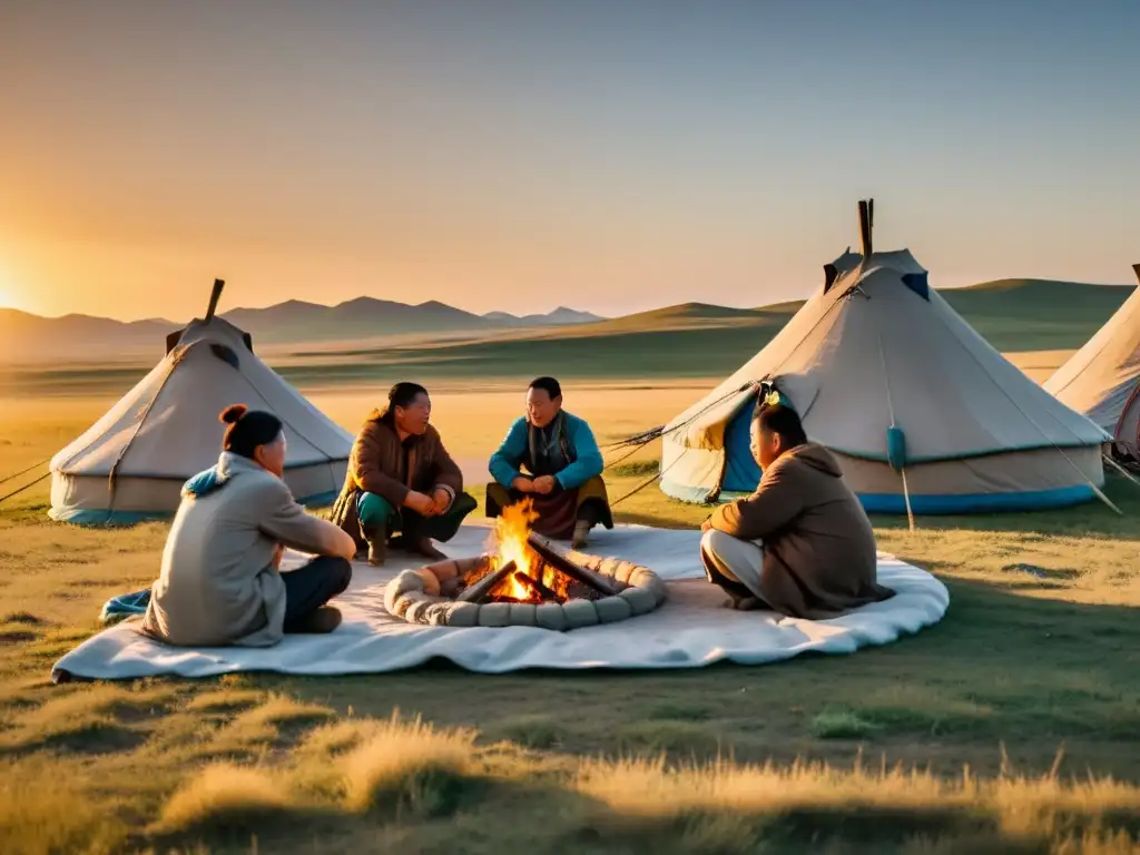 Grupo de nómadas mongoles conversando alrededor de una fogata al atardecer, reflejando la rica Comunicación en el Imperio Mongol