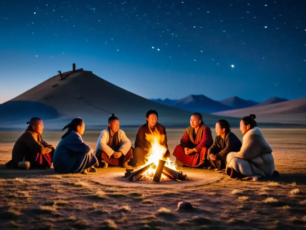 Un grupo de nómadas mongoles se reúnen alrededor de una fogata en la estepa, con yurtas tradicionales y un cielo estrellado de fondo