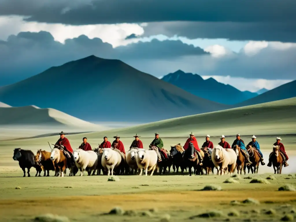 Un grupo de nómadas mongoles pastoreando su ganado en la vasta estepa, bajo un dramático cielo nublado