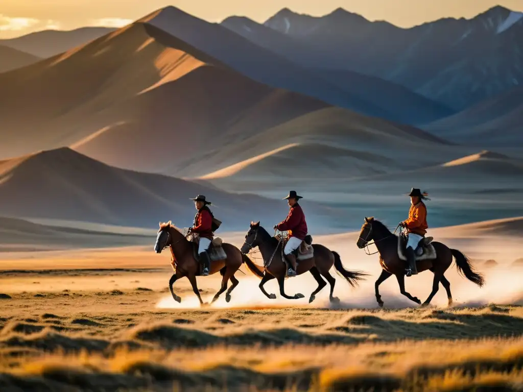 Grupo de nómadas mongoles cabalgando con gracia en la estepa dorada, mostrando la relación entre mongoles y caballos