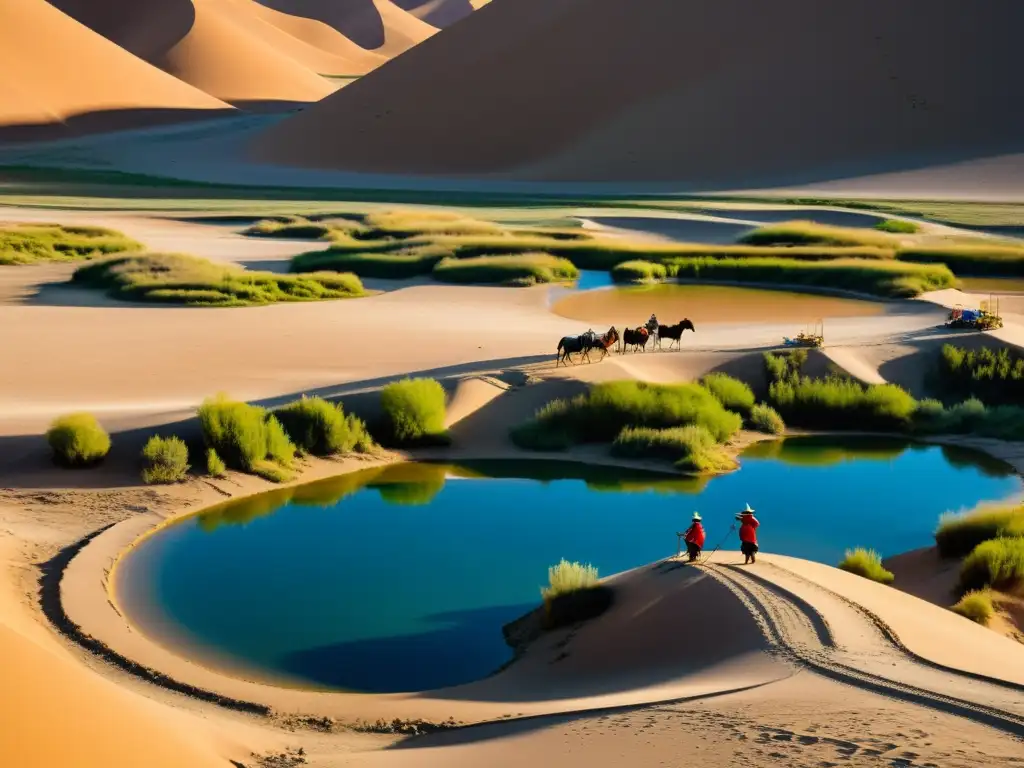 Grupo de nómadas mongoles construyendo innovaciones en recursos hídricos en el desierto árido