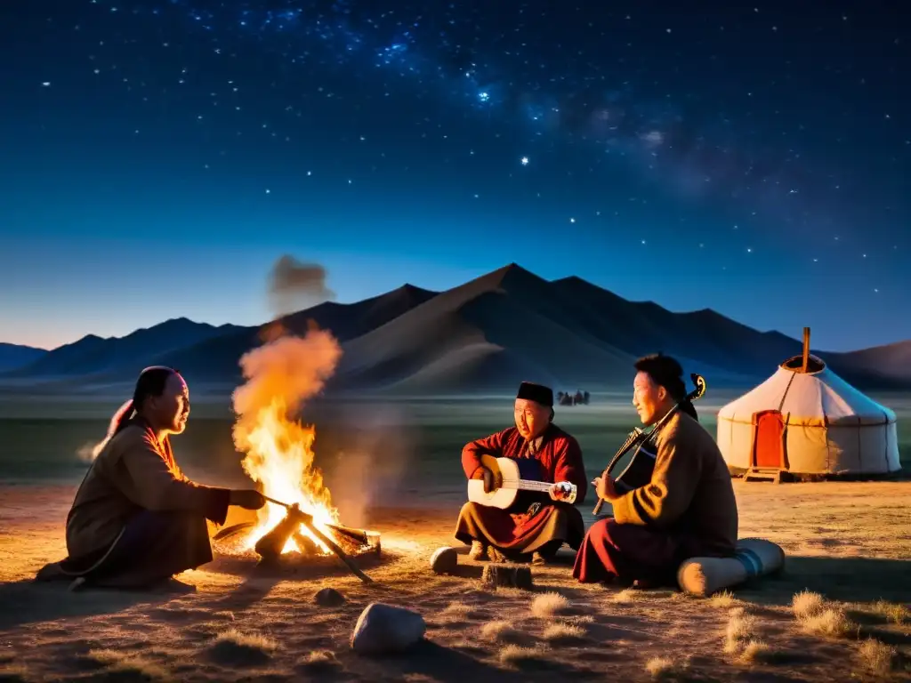 Grupo de nómadas mongoles tocando instrumentos tradicionales y cantando alrededor de una fogata bajo un cielo estrellado, con la silueta de yurtas al fondo