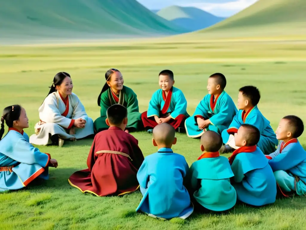 Grupo de niños nómadas mongoles participan en una lección al aire libre con su maestro, rodeados de naturaleza