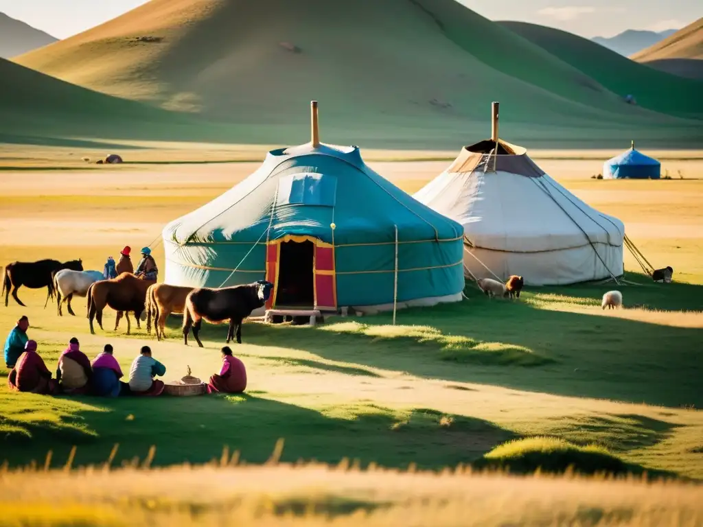 Grupo de nómadas mongoles en la estepa, reflejando el legado cultural y la conexión con la tierra