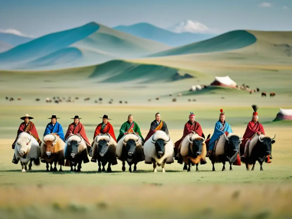 Un grupo de nómadas mongoles con yak en la estepa, vistiendo moda nómada tradicional mongola contemporánea