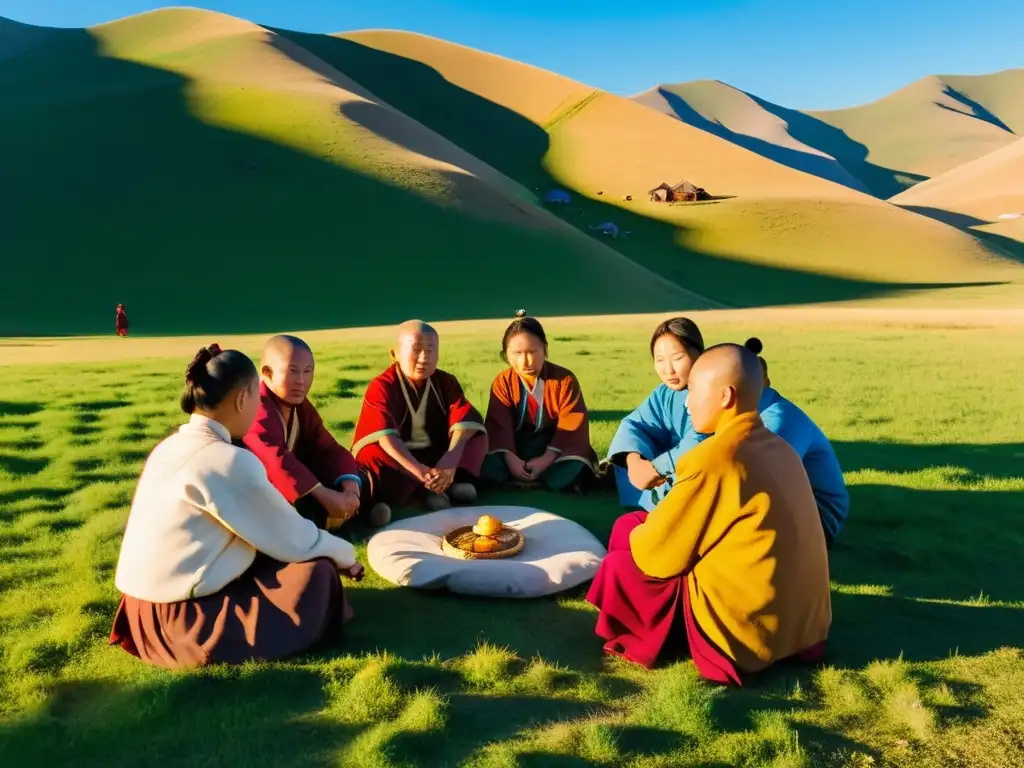 Grupo de nómadas mongoles meditando en la naturaleza, mostrando una profunda espiritualidad