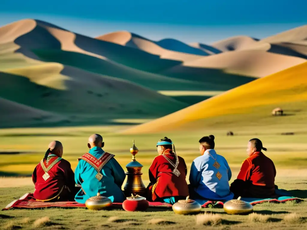 Grupo de nómadas mongoles realizando prácticas espirituales en la estepa, mostrando la riqueza cultural y la vida cotidiana