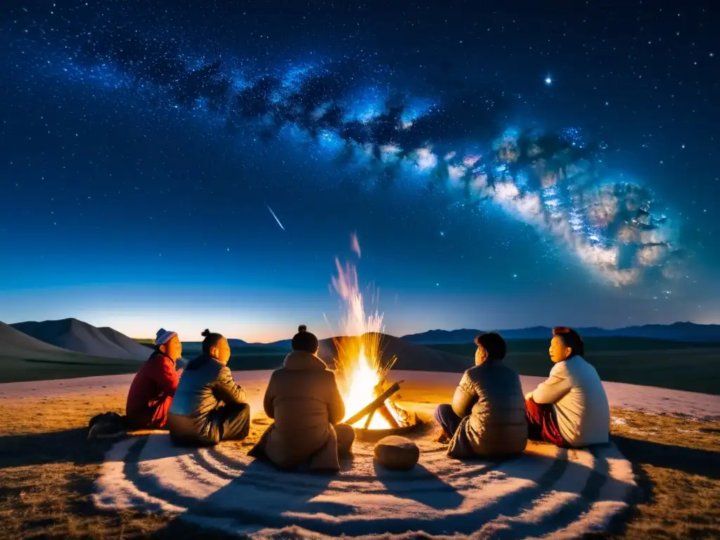 Grupo de nómadas mongoles realizando prácticas religiosas bajo el cielo estrellado de las estepas, con interpretaciones mongolas del cosmos