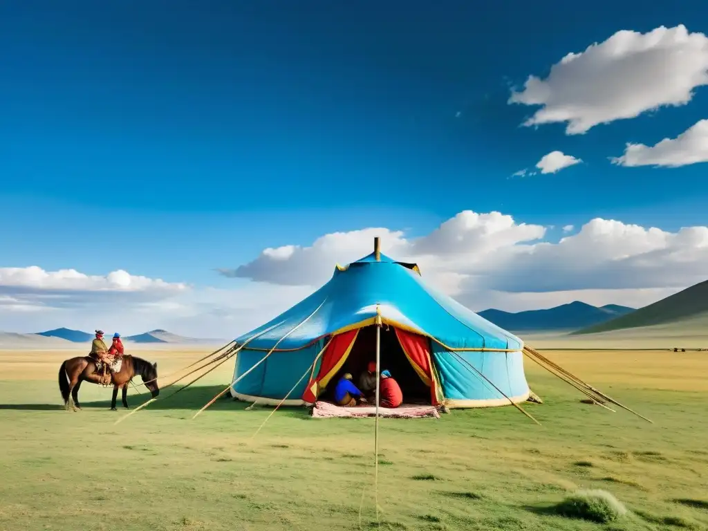 Un grupo de nómadas mongoles reunidos alrededor de una tienda Ger tradicional, con la vasta estepa abierta detrás