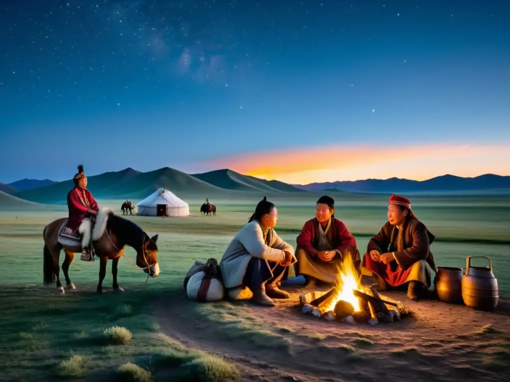 Grupo de nómadas mongoles reunidos alrededor de una fogata en la estepa, capturando el legado cultural y las lenguas de la estepa mongol