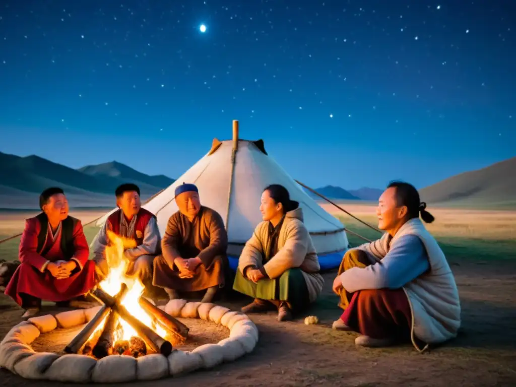 Grupo de nómadas mongoles reunidos alrededor de una fogata bajo un cielo estrellado, escuchando versos tradicionales líricos mongoles