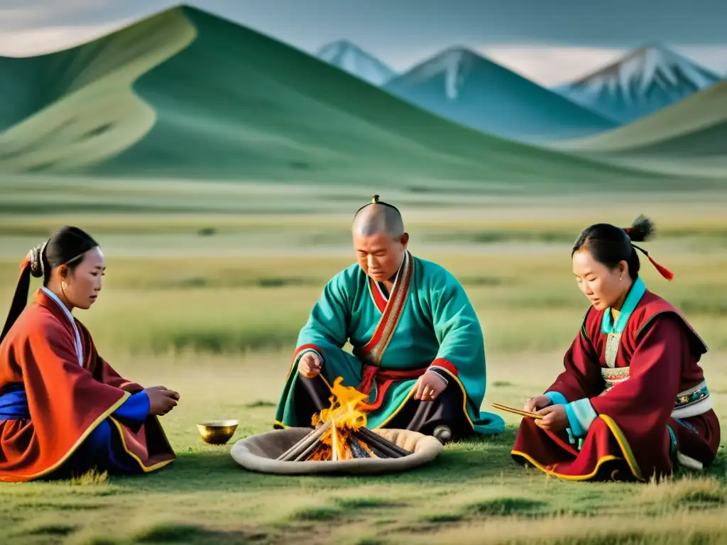 Grupo de nómadas mongoles realizando un ritual espiritual en la vasta estepa, conectados con la naturaleza y su ancestral espiritualidad