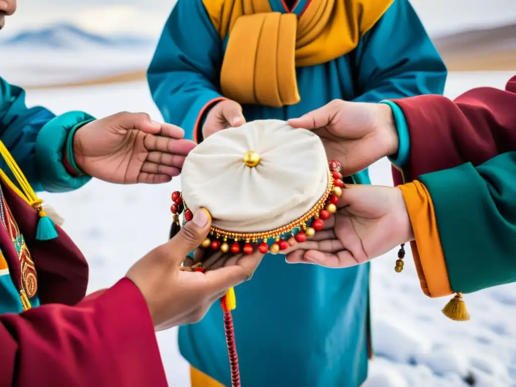 Un grupo de nómadas mongoles realiza un ritual budista durante el Año Nuevo Lunar Mongol, con coloridos atuendos y paisaje nevado