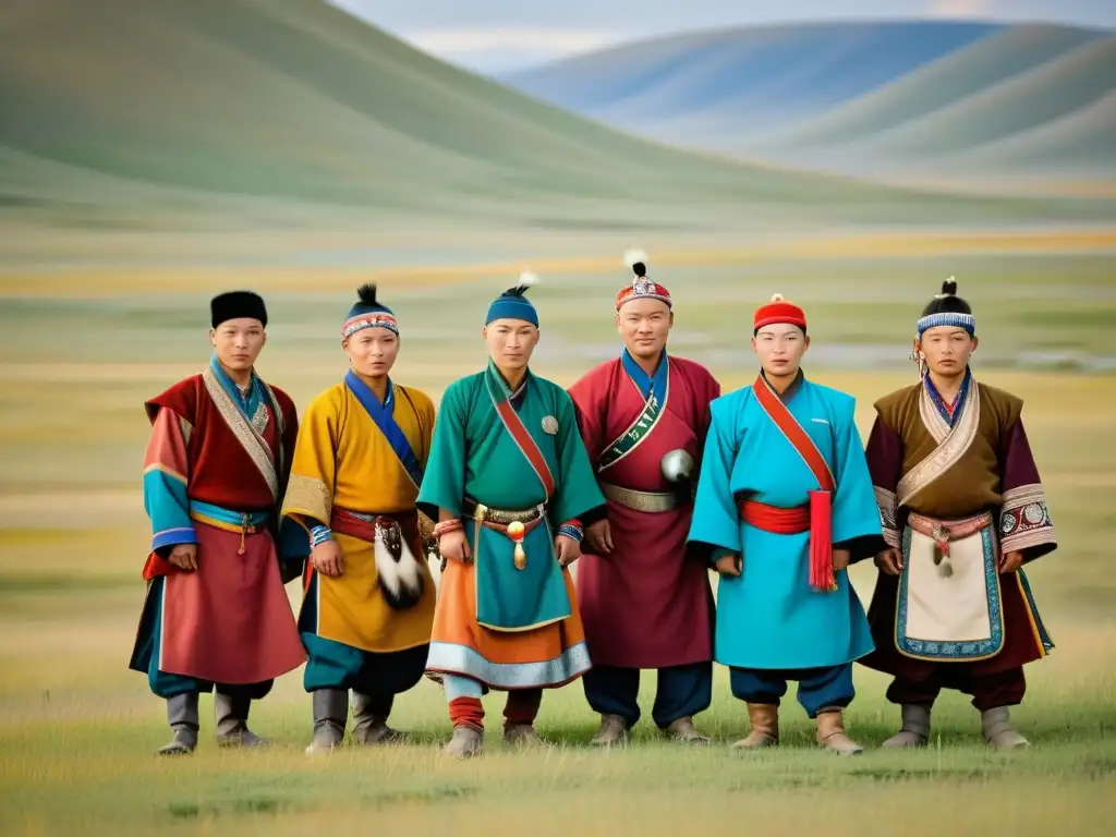 Un grupo de nómadas mongoles viste ropa tradicional en la vasta estepa, fusionando herencia y modernidad con influencias contemporáneas