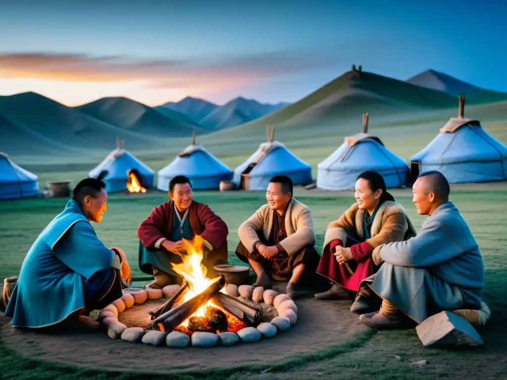 Grupo de nómadas mongoles en tradicionales atuendos alrededor de una fogata, mostrando la rica cultura mongola tras el declive del imperio