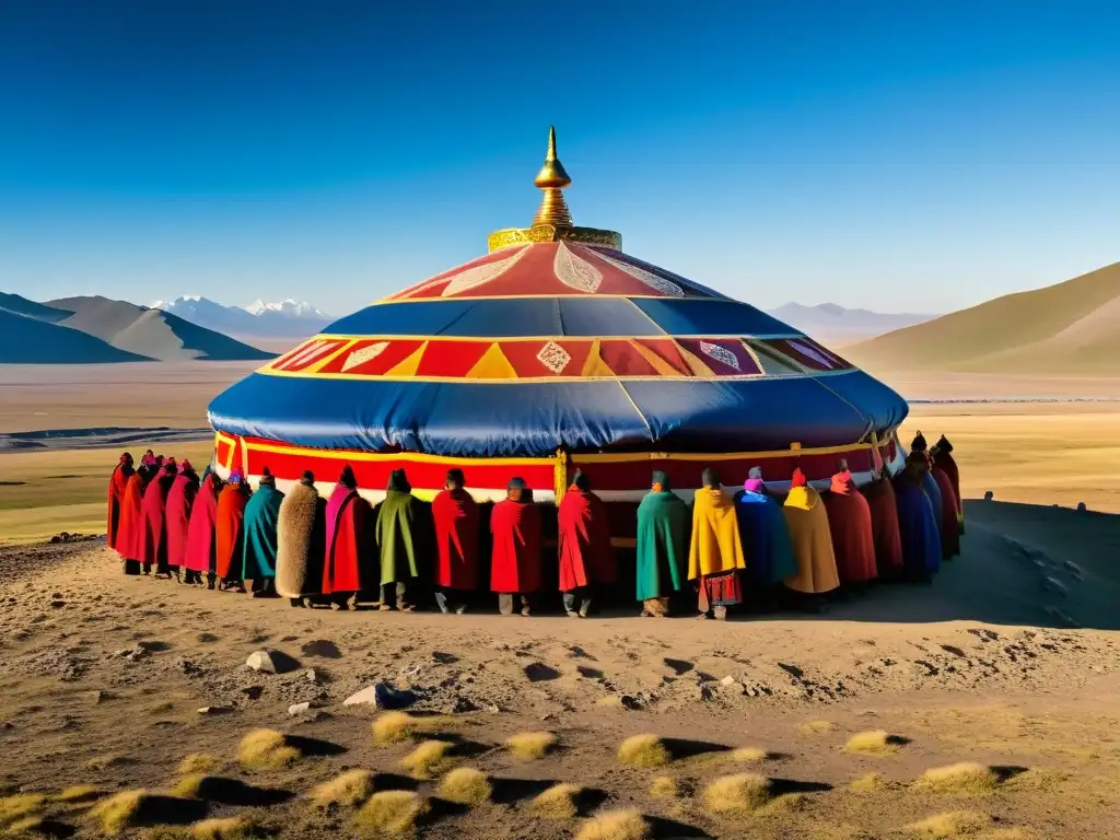 Grupo de nómadas mongoles en trajes tradicionales realizando rituales espirituales cerca de un Ovoo decorado, con la extensa estepa mongola de fondo