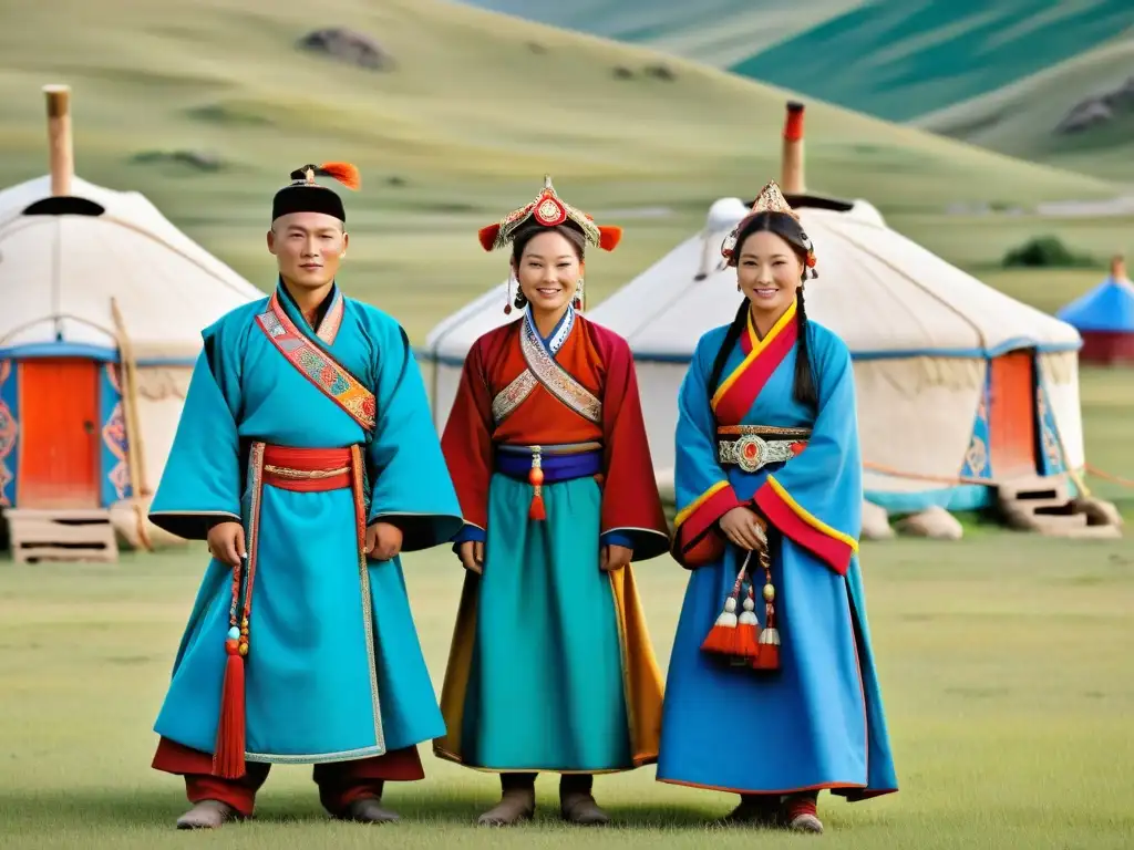 Grupo de nómadas mongoles vistiendo trajes tradicionales en las praderas, reflejando la influencia del vestuario mongol en las tendencias actuales