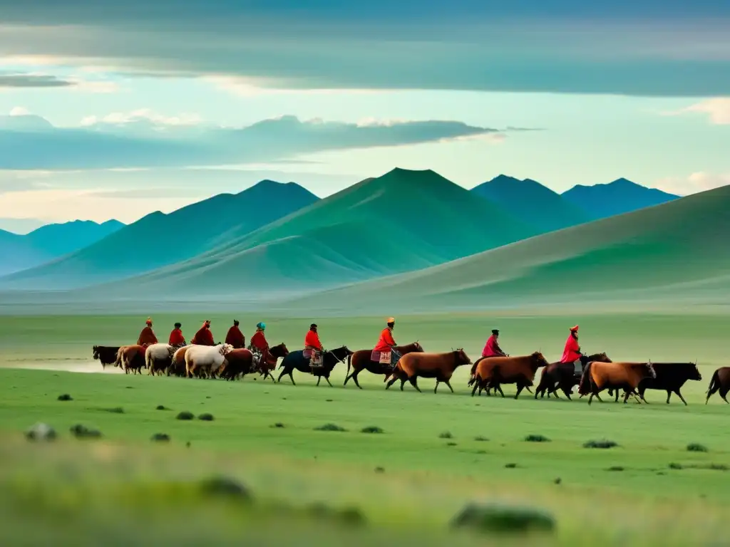 Grupo de nómadas mongoles pastoreando en la vasta estepa, con sus trajes tradicionales contrastando con el paisaje