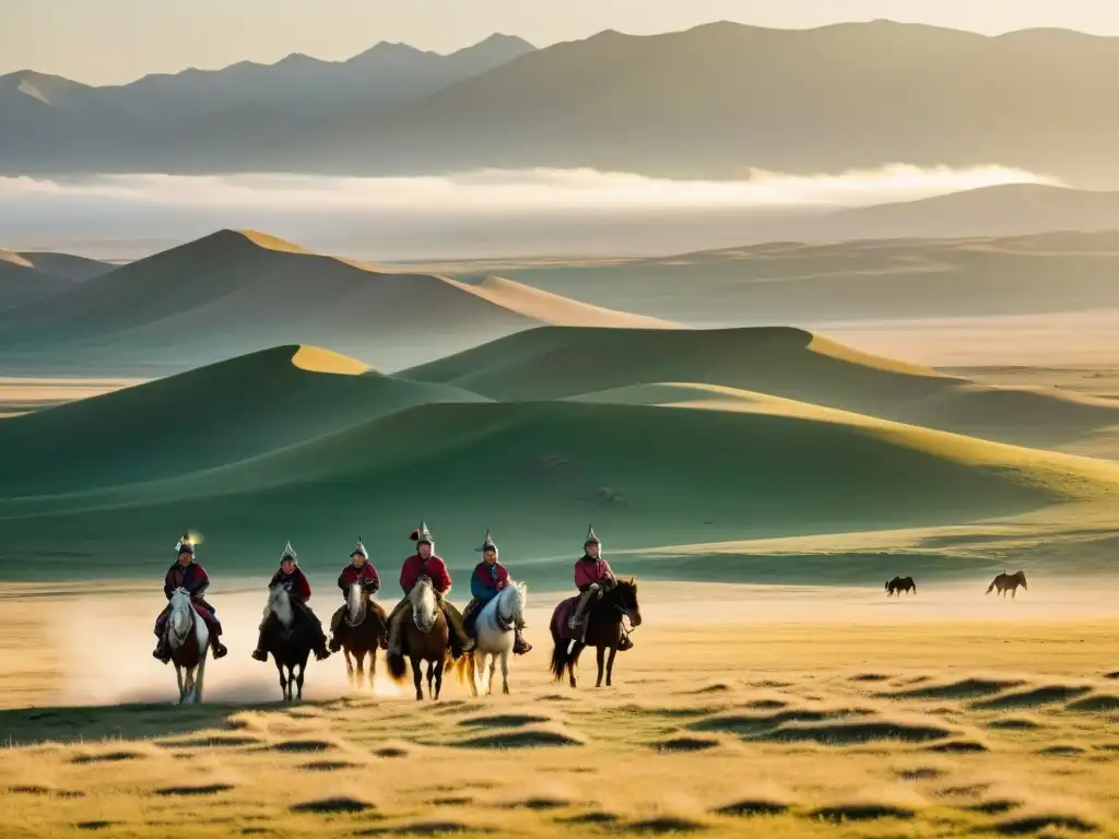 Un grupo de nómadas mongoles, vestidos con trajes tradicionales coloridos, en la vasta estepa