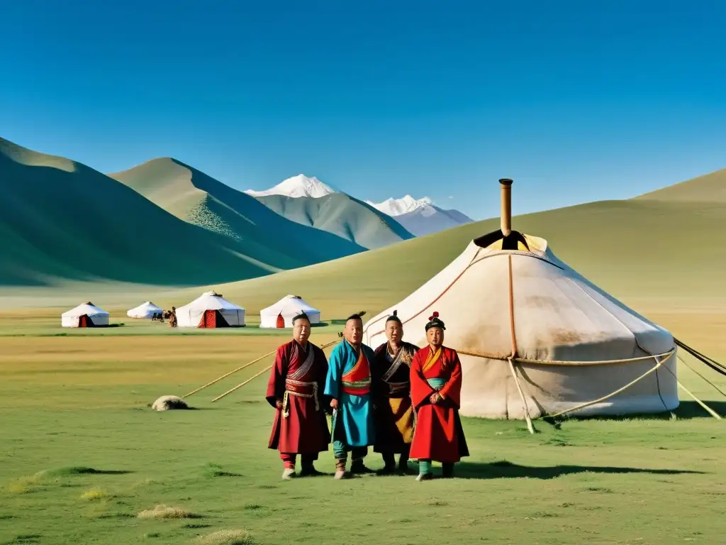 Grupo de nómadas mongoles con vestimenta tradicional, en la estepa mongola con paisaje de montañas al fondo