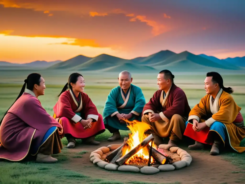 Grupo de nómadas mongoles tejiendo vestimenta tradicional en la estepa, bajo la cálida luz del atardecer