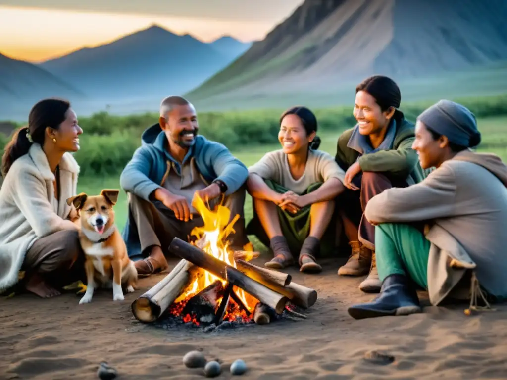 Un grupo de nómadas y sus perros disfrutan de la vida comunitaria alrededor de una fogata, destacando la importancia de los animales en la vida nómada