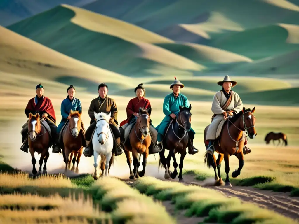 Un grupo de nómadas mongoles cabalga a través de la vasta estepa, conectando con su legado mongol en era digital