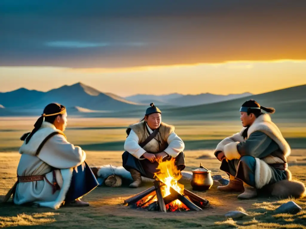 Grupo de participantes en retiros inspirados tácticas Gengis Khan, vestidos como guerreros mongoles, reunidos alrededor de una fogata en la estepa mongola al atardecer