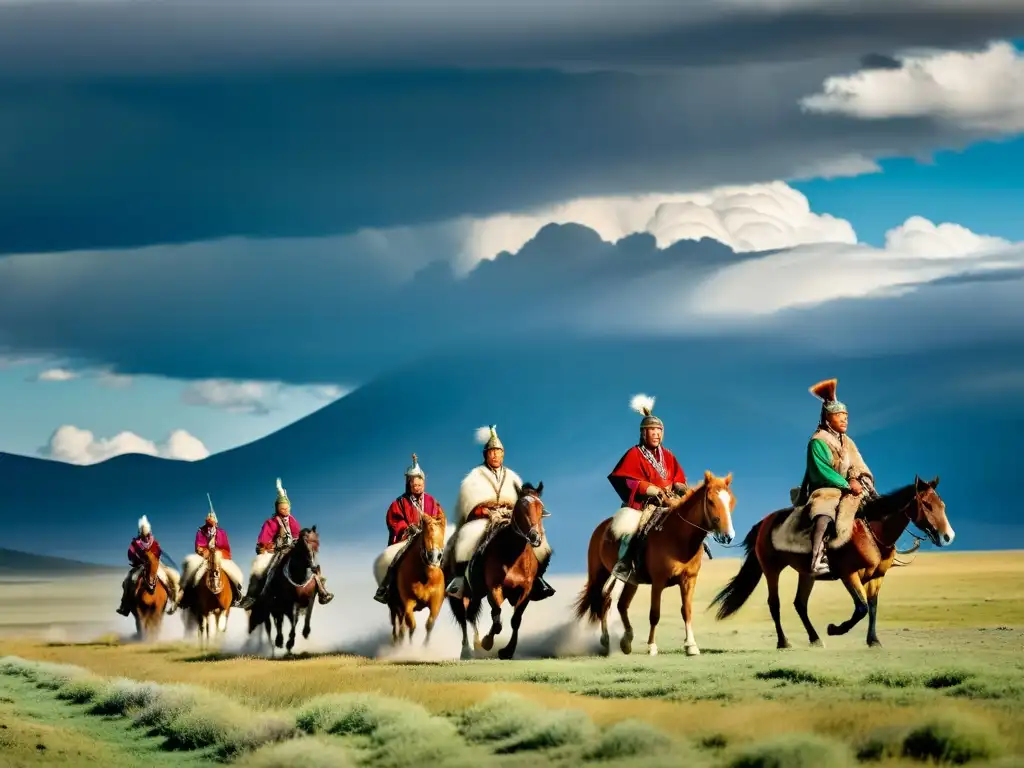 Grupo de pastores mongoles a caballo en la estepa, con gers al fondo, evocando la vida nómada y la conexión con la tierra en el Imperio Mongol