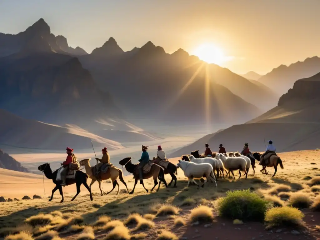 Grupo de pastores nómadas a caballo en un paisaje salvaje al atardecer, mostrando la importancia de los animales en la vida nómada