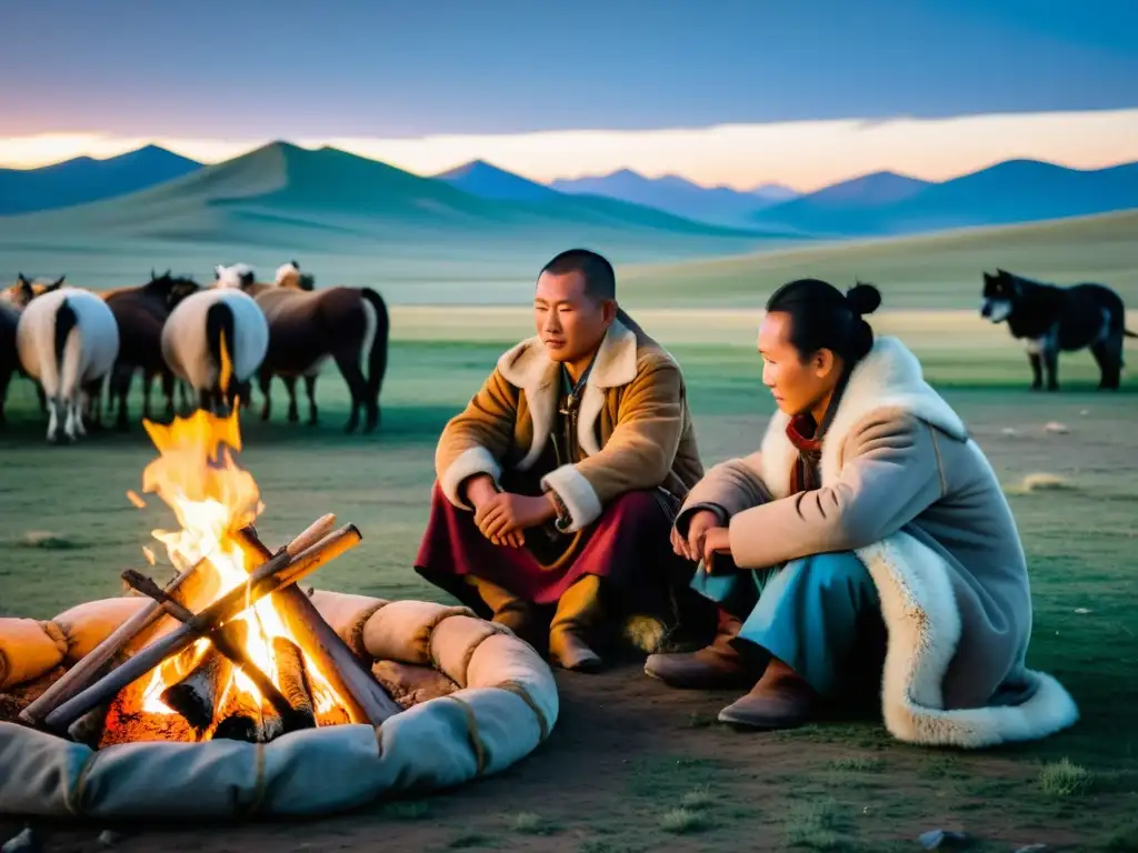 Grupo de pastores nómadas mongolos alrededor de fogata, con rebaño y perros pastores