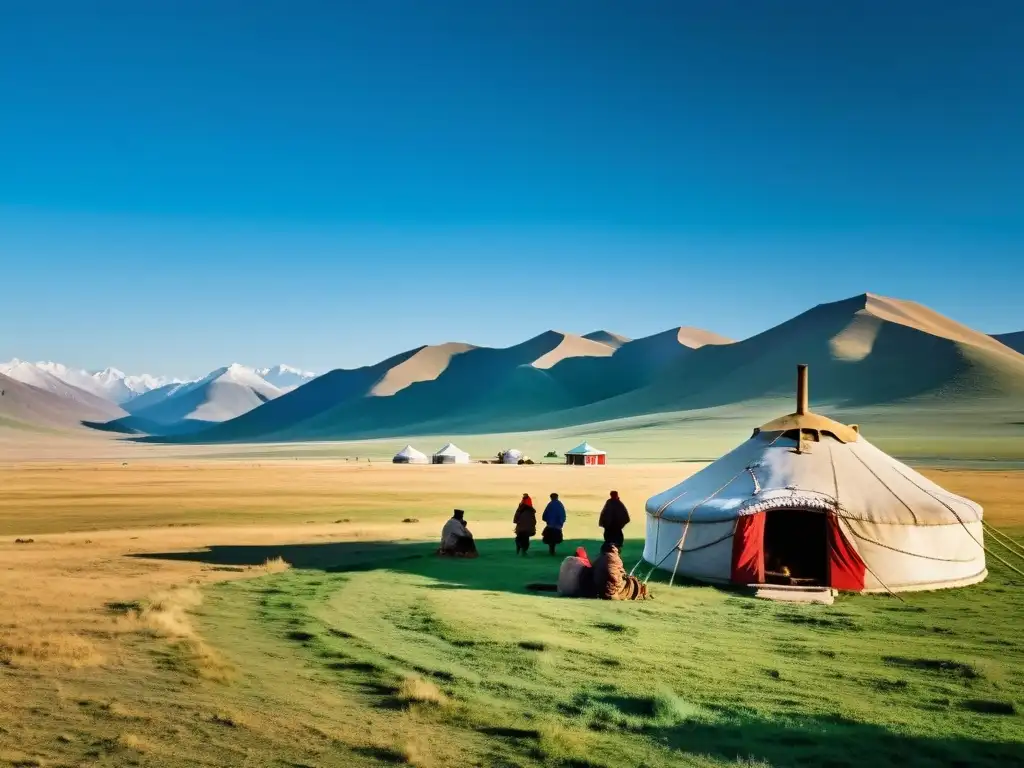 Un grupo de pastores nómadas mongolas conversan frente a una ger tradicional en la extensa estepa mongola, con el legado de justicia mongola en mente