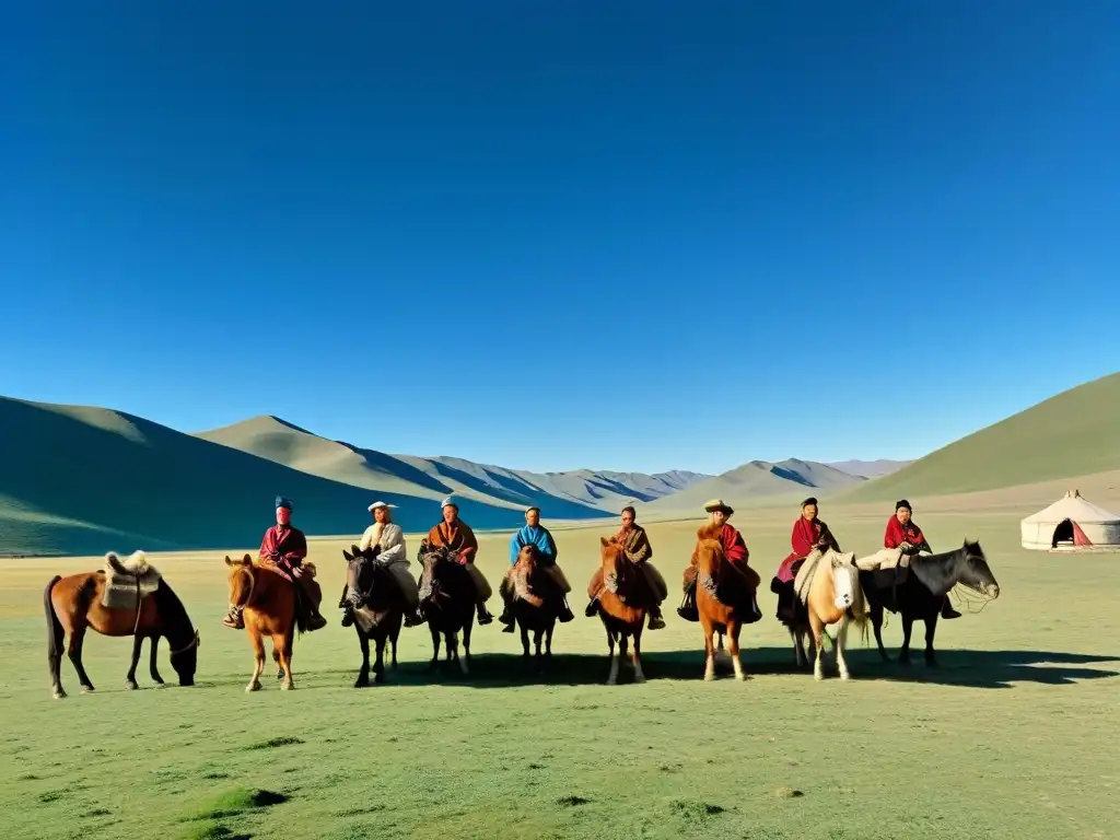 Un grupo de pastores nómadas mongoles en ropa tradicional, junto a caballos y yaks en las extensas praderas