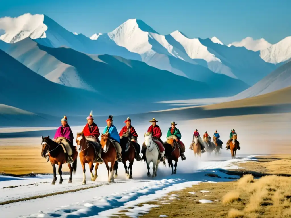 Grupo de pastores nómadas mongoles dirigiendo sus caballos en paisaje salvaje de Mongolia con los picos nevados de las Montañas Altai al fondo