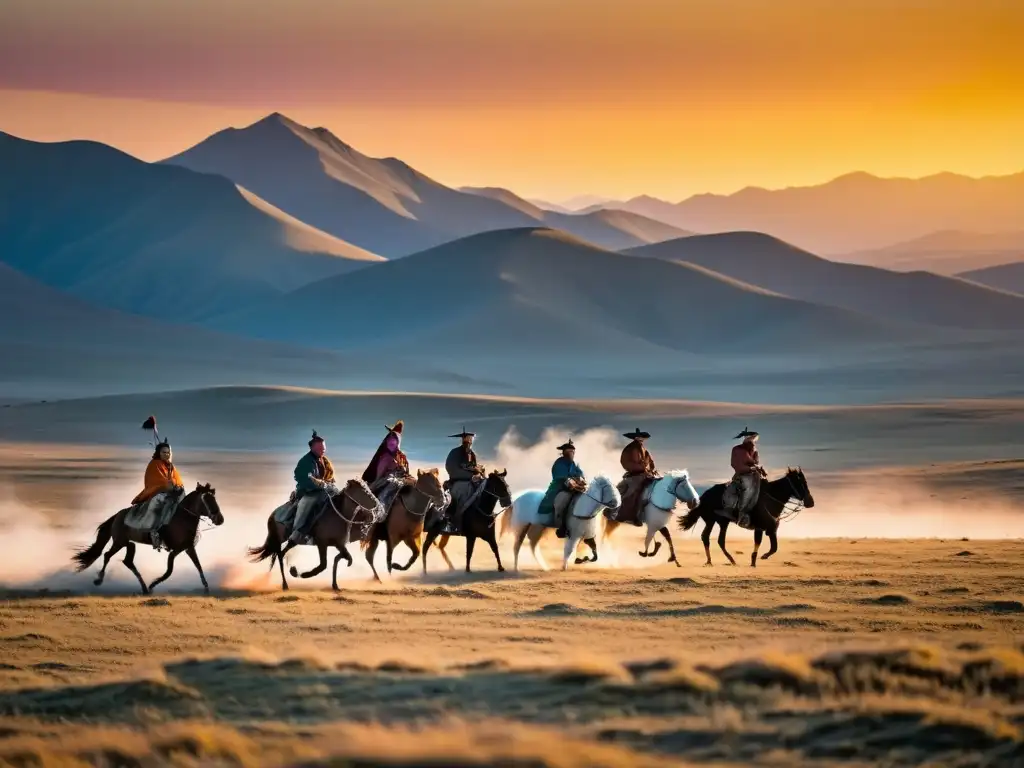 Un grupo de pastores nómadas mongoles en deels tradicionales cabalgan en la estepa mongola al atardecer