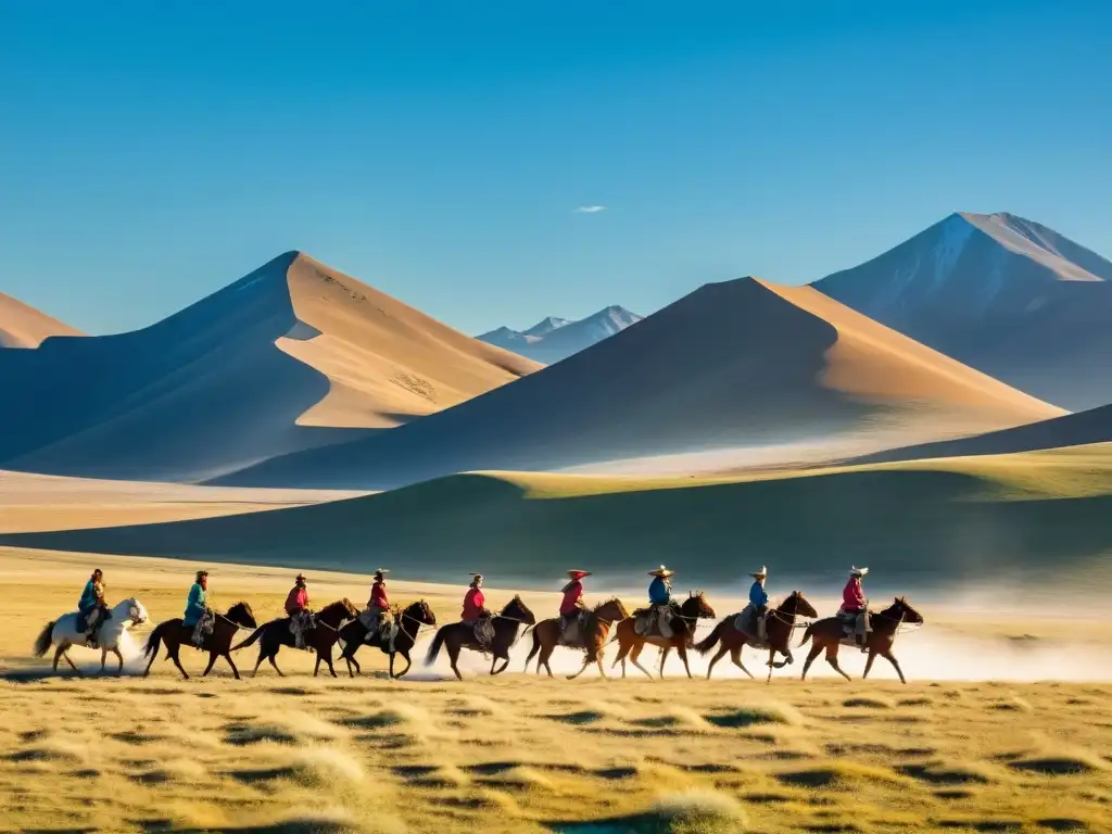 Grupo de pastores nómadas mongoles a caballo en la estepa, con vestimenta tradicional colorida, bajo el cielo azul