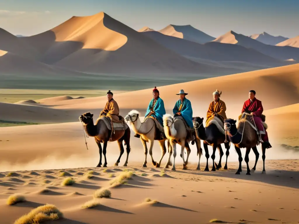 Grupo de pastores nómadas mongoles viajan con sus camellos en el desierto del Gobi, vistiendo ropa tradicional y rodeados de su ganado al atardecer