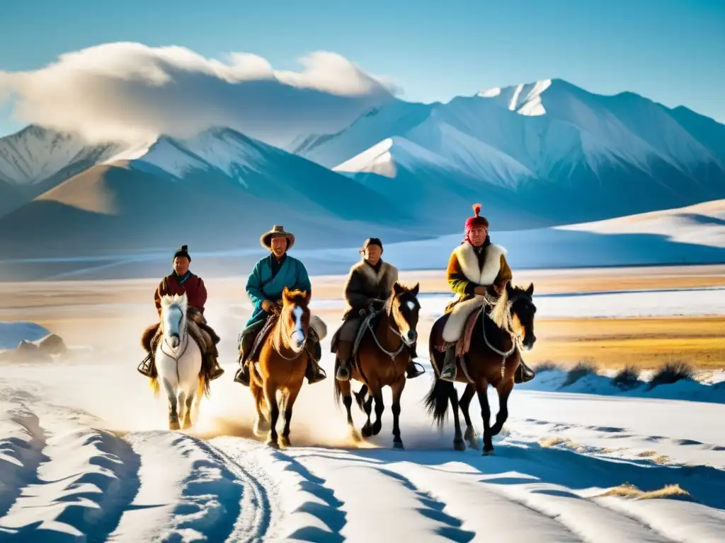 Grupo de pastores nómadas mongoles cabalgando en la estepa con los picos nevados de Altai al fondo