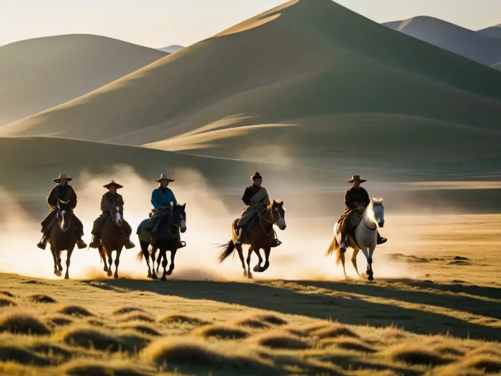 Un grupo de pastores nómadas mongoles a caballo en la vasta estepa mongola